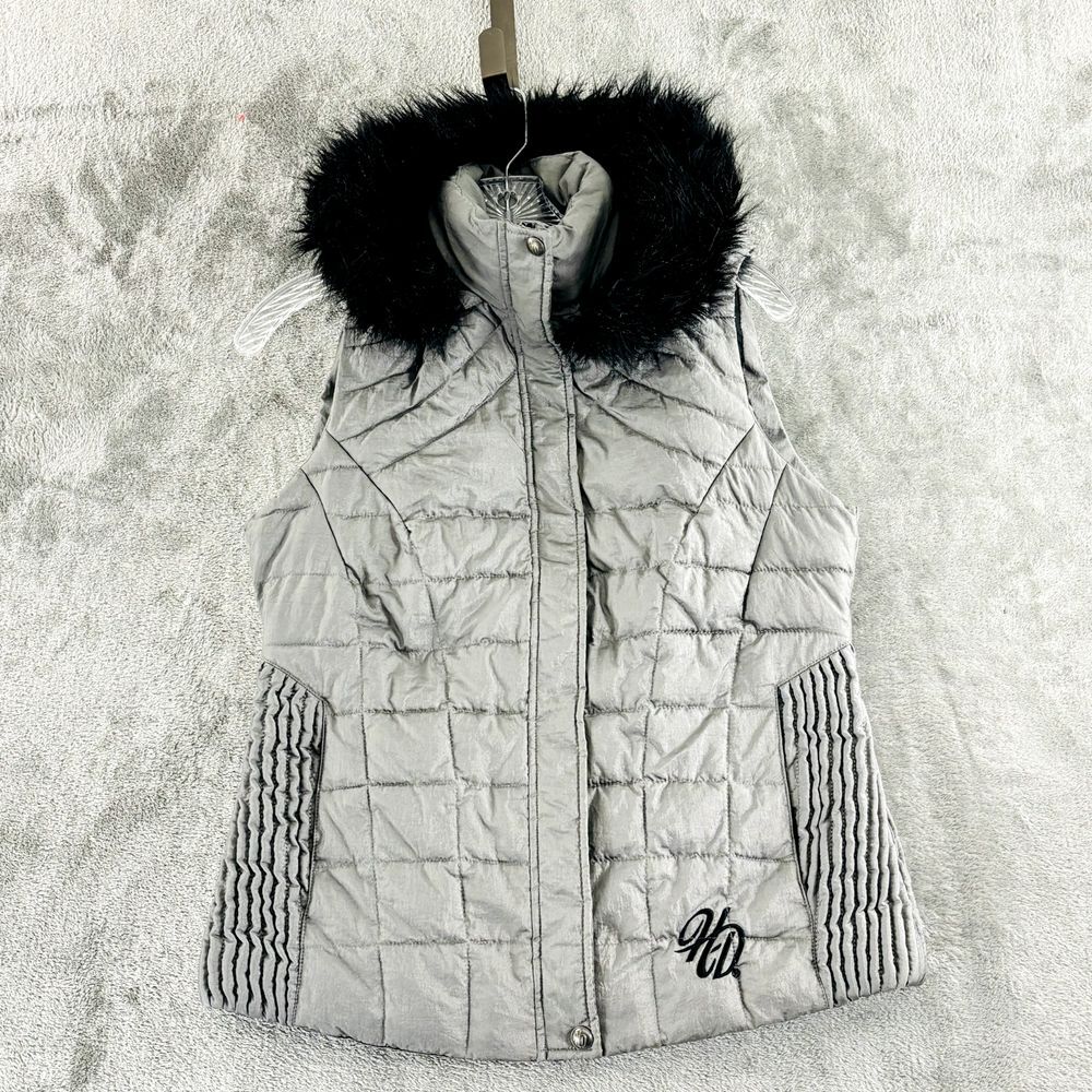 Harley Davidson Puffer Vest S Metallic Gray Fur Trim Zip Off‎ Hood Embroidery